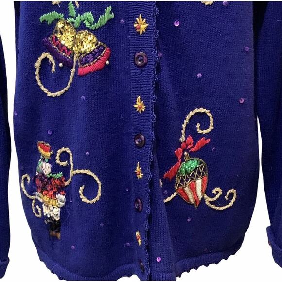 VINTAGE Bright Blue Ugly Christmas Sweater by Arriviste Beads & Sequins Small - Picture 5 of 12